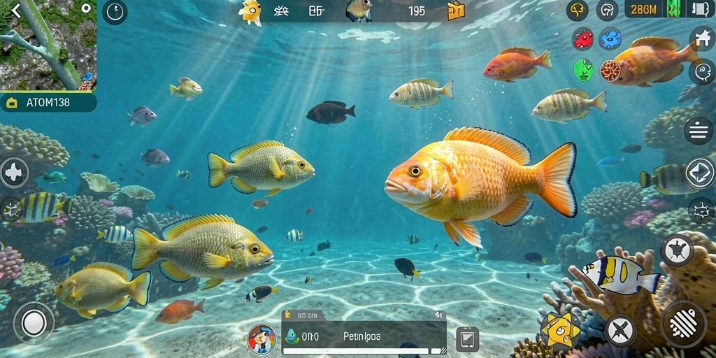 Tampilan gameplay ATOM138 yang menampilkan aksi menembak ikan.