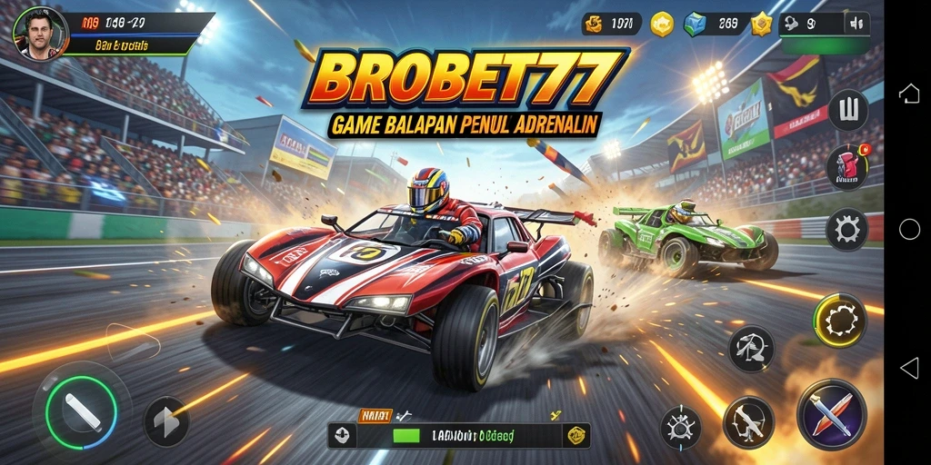 Screenshot BROBET77 menampilkan aksi balapan yang mendebarkan dengan mobil-mobil cepat.