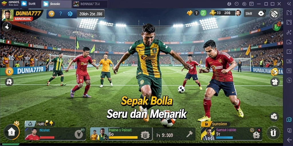 Tampilan gameplay DUNIA777 dengan aksi sepak bola menegangkan.
