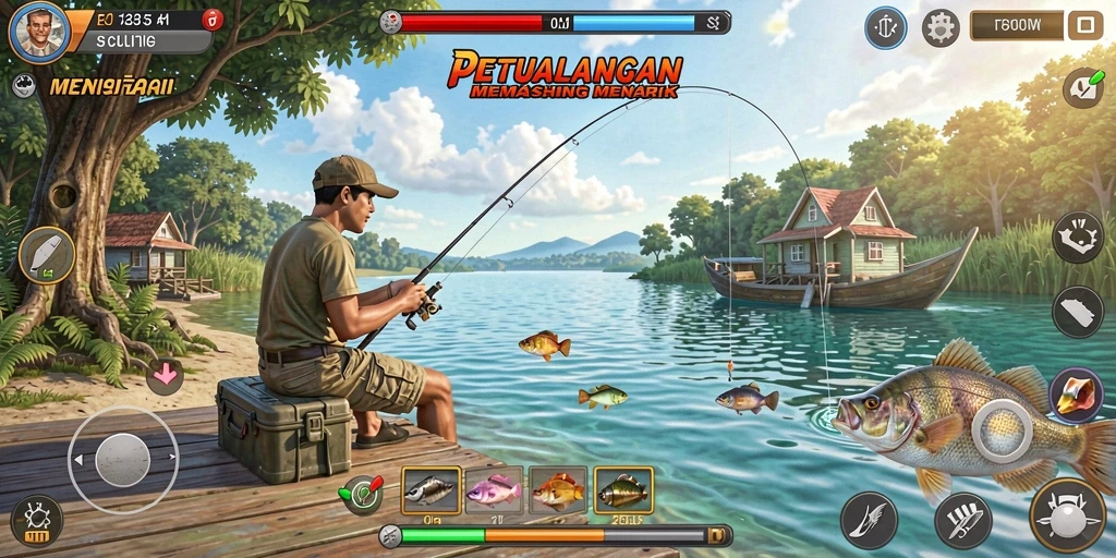 Tampilan utama gameplay F08 yang penuh aksi memancing.
