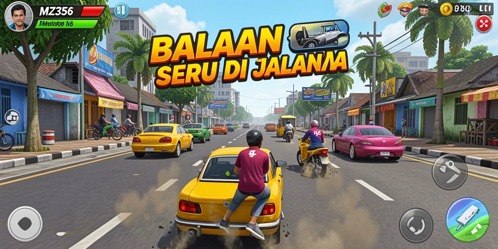 Tangkapan layar MZ356 menampilkan aksi balapan intens dan mobil yang melaju kencang.