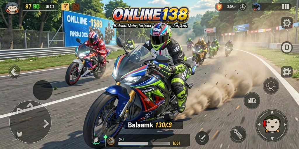 Screenshot utama ONLINE138 menampilkan aksi balapan motor yang mendebarkan.