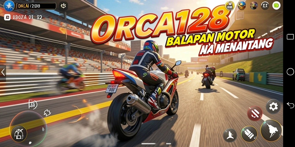 Tampilan gameplay ORCA128 menampilkan balapan motor yang cepat dan penuh aksi.
