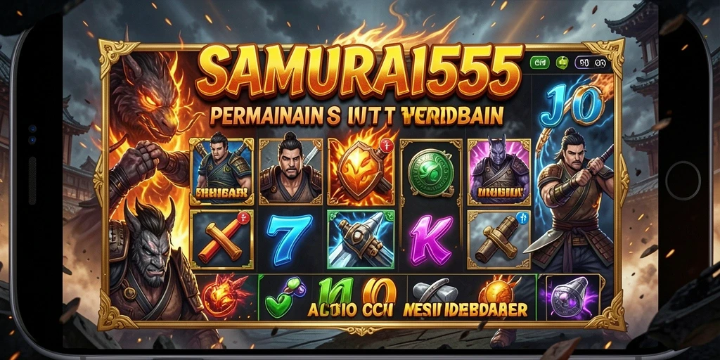 Screenshot gameplay SAMURAI555 dengan simbol samurai yang menakjubkan.