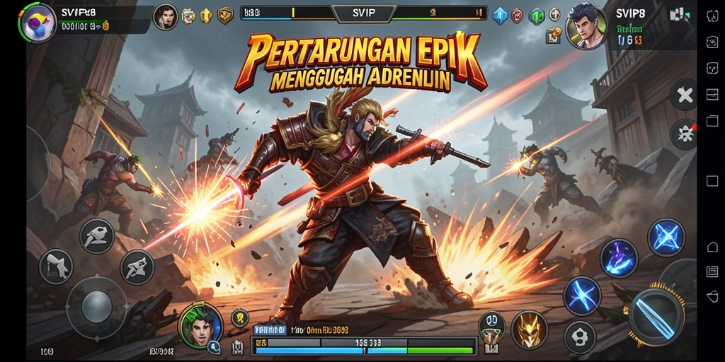 Tangkapan layar gameplay SVIP8 yang menunjukkan pertarungan seru antar karakter.