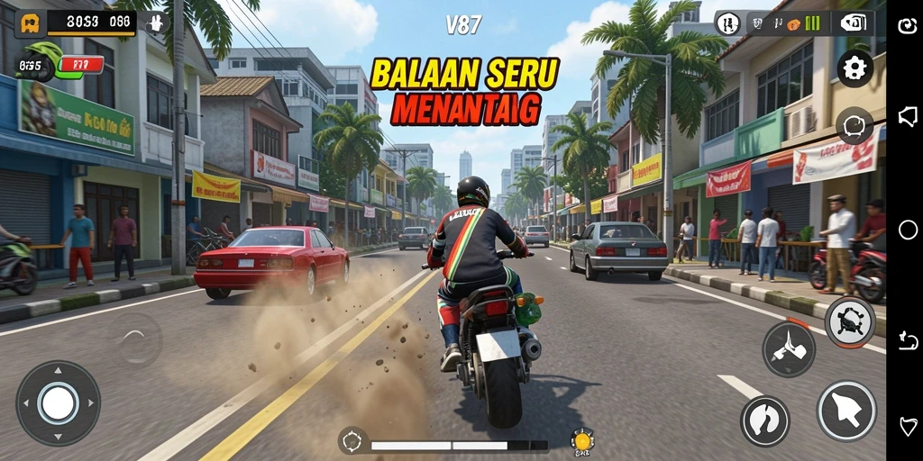 Screenshot gameplay V87 menampilkan mobil balap melaju kencang di trek berliku.
