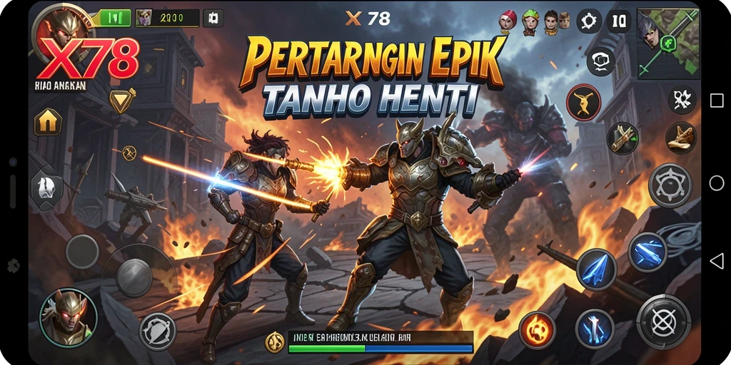 Screenshot gameplay X78 menampilkan pertarungan seru antara karakter yang berbeda.